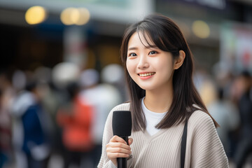 Young pretty Chinese woman at outdoors as a reporter holding a microphone and reporting news