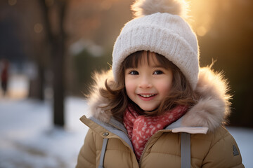 Cute little caucasian girl at outdoors in winter clothes