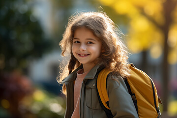 Fototapeta premium Cute little caucasian girl at outdoors with a student backpack