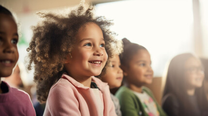 Obraz premium Group of happy diverse children attentively watching a performance, expressing joy and excitement.