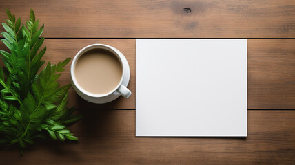 Obraz na płótnie Canvas a notebook coffee card and plant on wooden table
