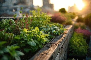 Eco-Friendly Urban Farming - A rooftop garden in a city, showcasing sustainable agriculture techniques
 - AI Generated - obrazy, fototapety, plakaty
