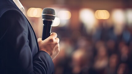 A person in a suit confidently holding a microphone, engaging with an audience at a formal event. - obrazy, fototapety, plakaty