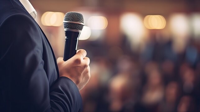 A person in a suit confidently holding a microphone, engaging with an audience at a formal event.
