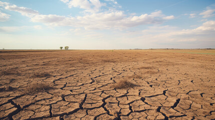 A barren landscape stretches towards the horizon, with dry, cracked earth under a wide, cloudy sky, illustrating severe drought conditions.
