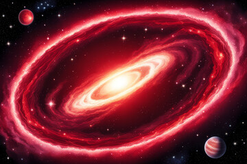 Stunning digital illustration of a red spiral galaxy with a glowing core, swirling arms, and nearby planets. Vibrant space art style with high contrast and cosmic depth. Ideal for sci-fi, astronomy, o