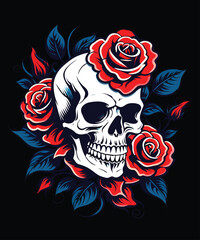 Cool tattoo design, aesthetic skull shape, red rose flower decoration