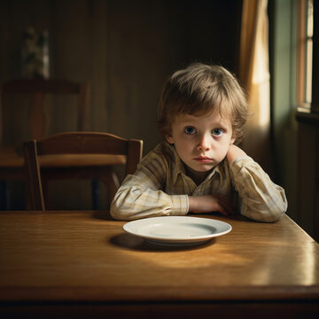 A young child sitting at a table with an empty plate, looking forlorn, symbolizing hunger and malnutrition 