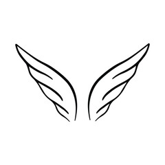 Doodle wings. Cartoon bird feather wings, religious angel wings ink sketch, black tattoo silhouette. Vector hand drawn blade wing sketch set for heraldic symbol emblem on white background