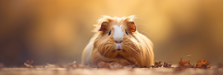 A long-haired guinea pig sits amidst fallen leaves, with a warm golden light softening the background