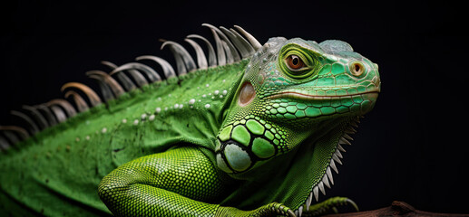 Fototapeta premium A banner with an iguana's detailed green scales are accentuated by the dramatic lighting, highlighting its piercing gaze and spiny crest.