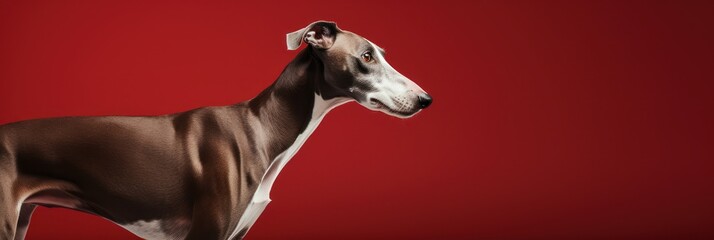 A banner with a dignified greyhound stands against a vibrant red background, its sleek body reflecting elegance and speed.
