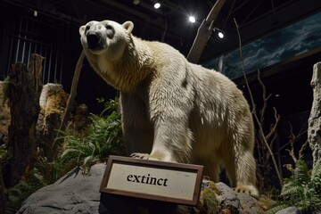 A display of a polar bear model in a natural history museum setting, with an "extinct" sign, highlighting the issue of species endangerment due to global warming