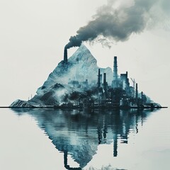 Fototapeta premium A double exposure image of a melting iceberg with an industrial factory silhouette emitting smoke against a dark background.