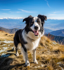 An adventurous Border Collie dog, stands on a mountain ridge against a backdrop of distant peaks, exuding a sense of exploration and freedom.