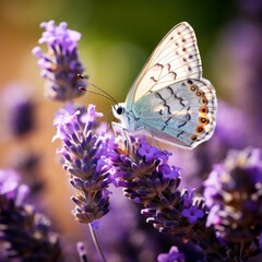 A close-up of a delicate butterfly perched on a sprig of blooming lavender, with a bokeh background highlighting the intricate patterns on its wings
