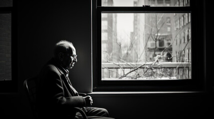 An elderly man is sitting contemplatively by a window, looking out onto an urban scene.