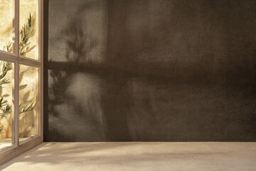 Panorama de fond d'un mur noir et support gris clair pour création d'arrière plan. Panoramique avec jeu d'ombre et de lumière à travers une fenêtre.	