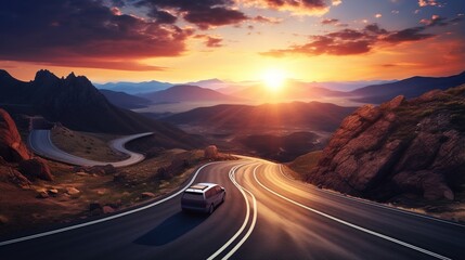 Car driving through a winding mountain road at sunset - obrazy, fototapety, plakaty