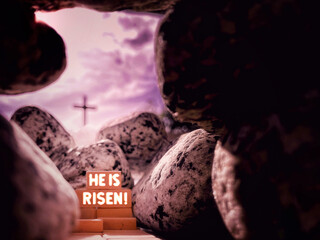 Lent, Holy Week, Good Friday, Easter Sunday Concept - HE IS RISEN text with Jesus Christ empty...