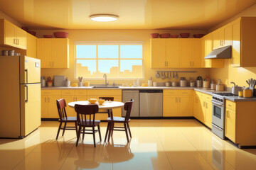 Vector cartoon yellow kitchen, AI generated