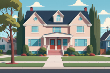 Vector cartoon cartoon family two-story house in good neighborhood, AI generated