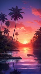 Aerial perspective showcasing a serene archipelago with lush palm trees set against the backdrop of a mesmerizing sunset painting the sky in hues of orange, pink, and purple. photorealistic epic light