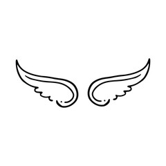 Obraz premium Doodle wings. Cartoon bird feather wings, religious angel wings ink sketch, black tattoo silhouette. Vector hand drawn blade wing sketch set for heraldic symbol emblem on white background