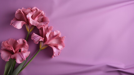 A bouquet of delicate pink iris flowers elegantly presented against a smooth satin purple backdrop.