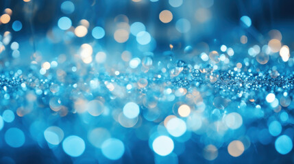 A dreamy abstract background of blue bokeh lights created by water droplets in a soft focus setting.