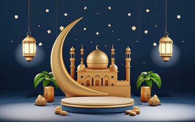 3d illustration Islamic background with mosque, crescent moon, moon stars, lantern, date palm tree - obrazy, fototapety, plakaty