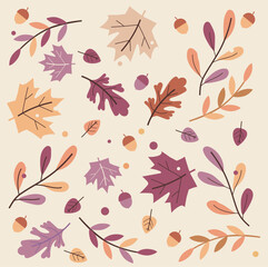 Autumn seamless vector pattern for fabric, wallpaper, and gift paper. Brown, purple, and beige colors. Acorn and leaves. Beige background.