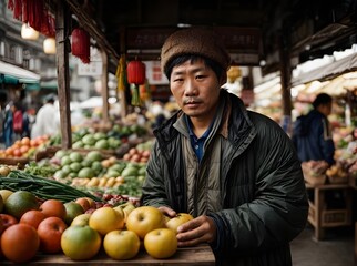 Asian man selling food for living