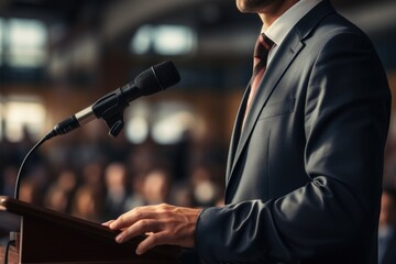 a man in a business suit or speaker at a conference and business presentation making a speech on stage in front of an audience