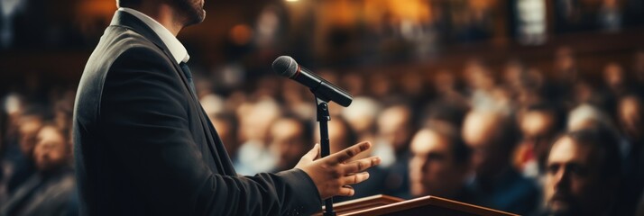 Fototapeta na wymiar Side view of a man in a business suit or speaker at a conference and business presentation making a speech on stage in front of an audience