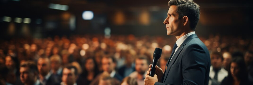Side view of a man in a business suit or speaker at a conference and business presentation making a speech on stage in front of an audience