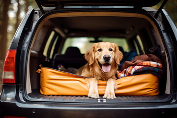 Golden Retriever in the Back of a Car
