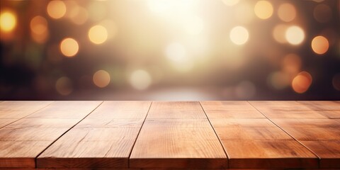 Empty wooden table surface in front of abstract background, providing space for marketing promotion. - obrazy, fototapety, plakaty