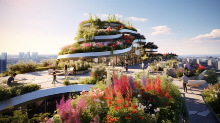 Obraz premium Eco-friendly building in the modern city. Sustainable glass office building with trees for reducing heat and carbon dioxide. Office building with green environment. Corporate building reduce CO2