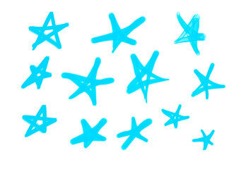 Collection of graffiti street art tags with star symbols in light blue color on white background
