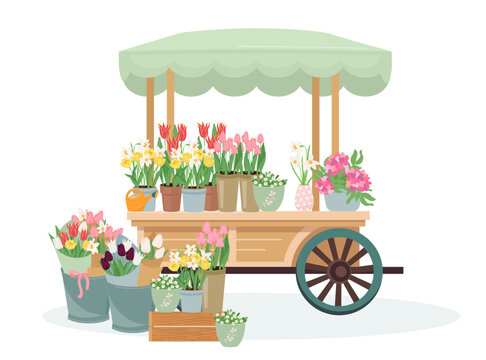 Flower market cart with early spring garden flowers in bouquets and pots. Floral design elements for mother's day, Valentine's Day, birthday. Vector illustration style isolated on white background.