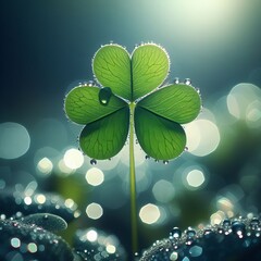 A dew-kissed four-leaf clover glistens against a bokeh backdrop, symbolizing luck and nature's beauty.