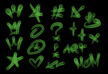 Collection of graffiti street art tags with words and symbols in green color on black background