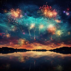 Bright fireworks in the night sky background