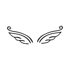 Doodle wings. Cartoon bird feather wings, religious angel wings ink sketch, black tattoo silhouette. Vector hand drawn blade wing sketch set for heraldic symbol emblem on white background