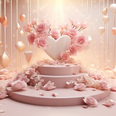 Podium realistic with different height on pink pastel background, Valentine theme, romantic theme with gifts, 3D hearts