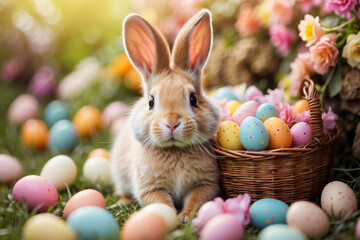 Fototapeta na wymiar Easter bunny and colorful decorated eggs in grass in nature. Happy Easter.