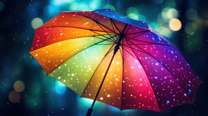 A colorful rainbow umbrella stands out with a luminous glow against a backdrop of falling rain and bokeh lights.
