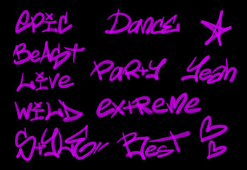 Collection of graffiti street art tags with words and symbols in purple color on black background