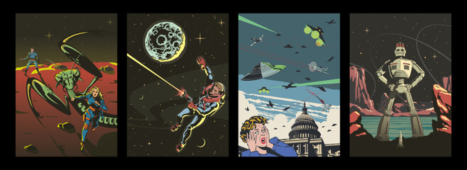 Naklejka premium Retro Future Space Illustrations, Sci Fi Book Covers Style Posters, Spacemen, Aliens, UFO, Unknown Planets